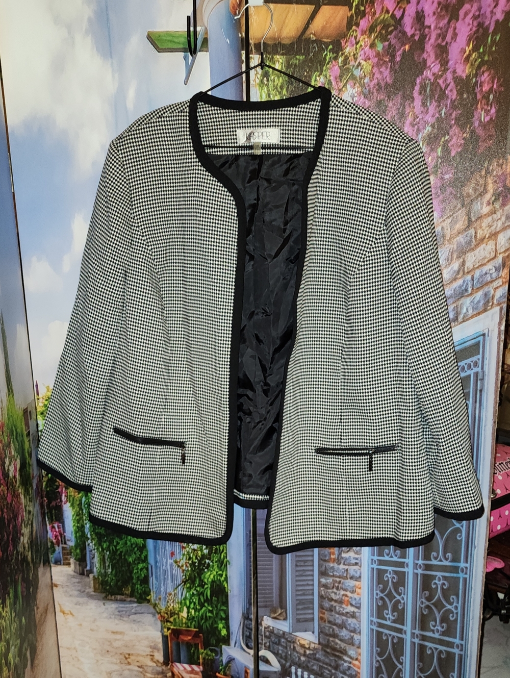 Kasper Black & White Houndstooth Open-Front Blazer Sz 18W